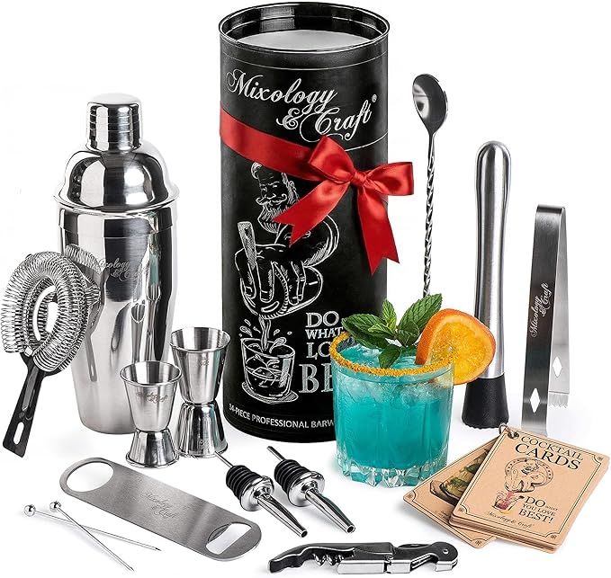 Mixology & Craft Bartender Kit: 14-Piece Professional Cocktail Shaker Set, Martini Shaker Set with Complete Bar Kit with Muddler & Jigger- Exclusive Cocktail Recipes Bonus