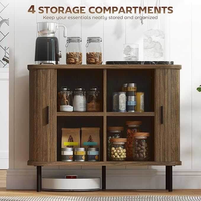 HOMCOM 35.4" Sideboard Buffet Cabinet with Storage, Nordic Coffee Bar Cabinet with Slatted Tambour Doors and Metal Legs, Kitchen Credenza, Walnut