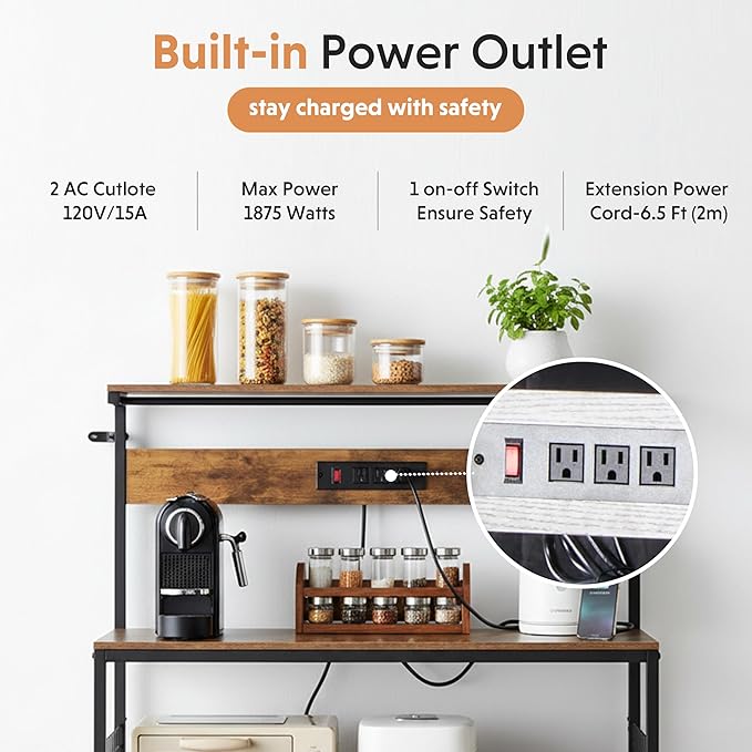Simple Deluxe Kitchen Bakers Rack with Power Outlet, Coffee Bar Accessories Table, 4-Tier Adjustable Storage Shelf for Spices, Freestanding Appliance Organizer, 23.6 Inch, Rustic Brown