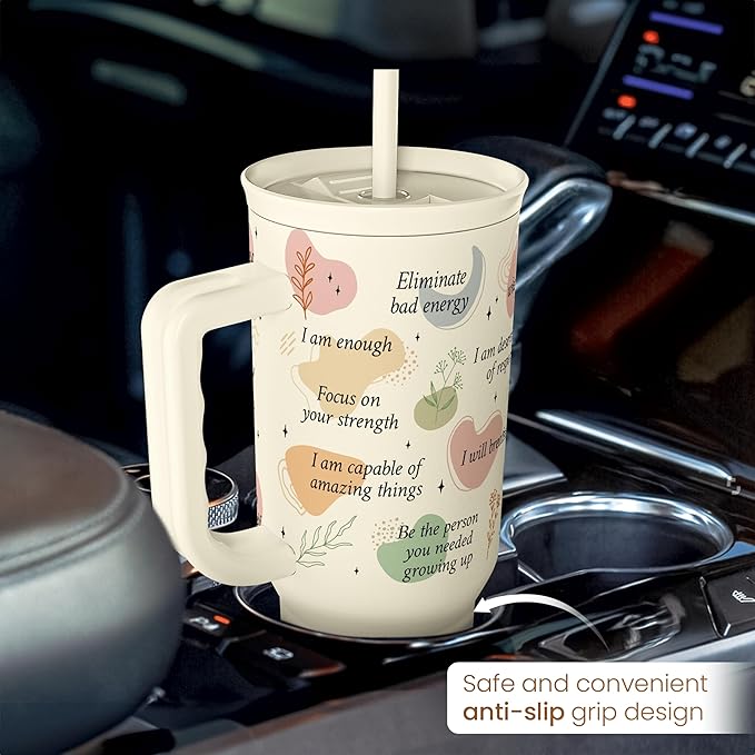 SANDJEST Inspirational Tumbler with Handle 40oz, Daily Positive Inspiration Coffee Cup Stainless Steel Travel Mug, Motivational Gifts for Women Girls Friends Coworker, Gift for Christmas Birthday
