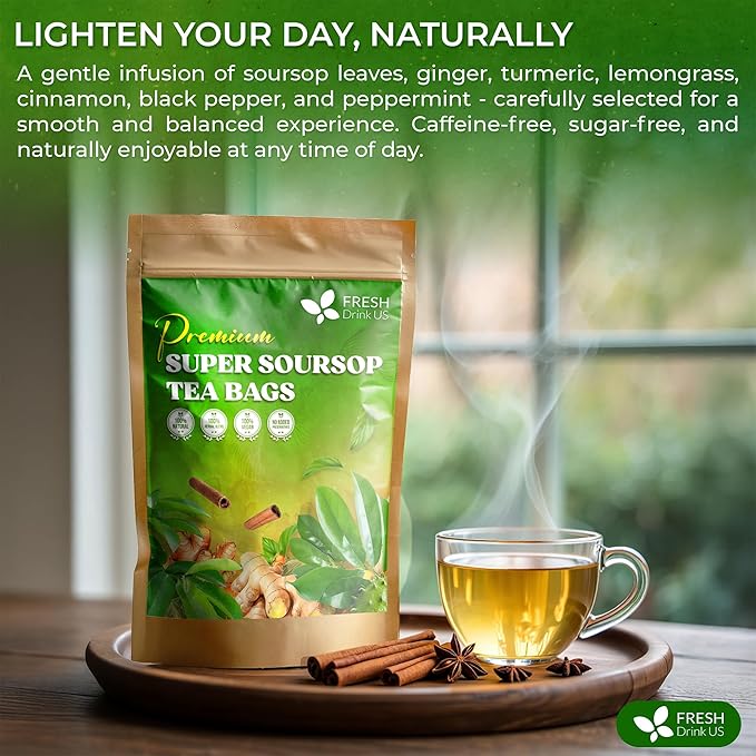 FreshDrinkUS, Super Soursop Herbal Tea – 60 Tea Bags | Soursop, Ginger, Turmeric, Lemongrass, Cinnamon, Black Pepper & Peppermint | Caffeine-Free, Natural Flavor, Plant-Based Blend | Sugar-Free