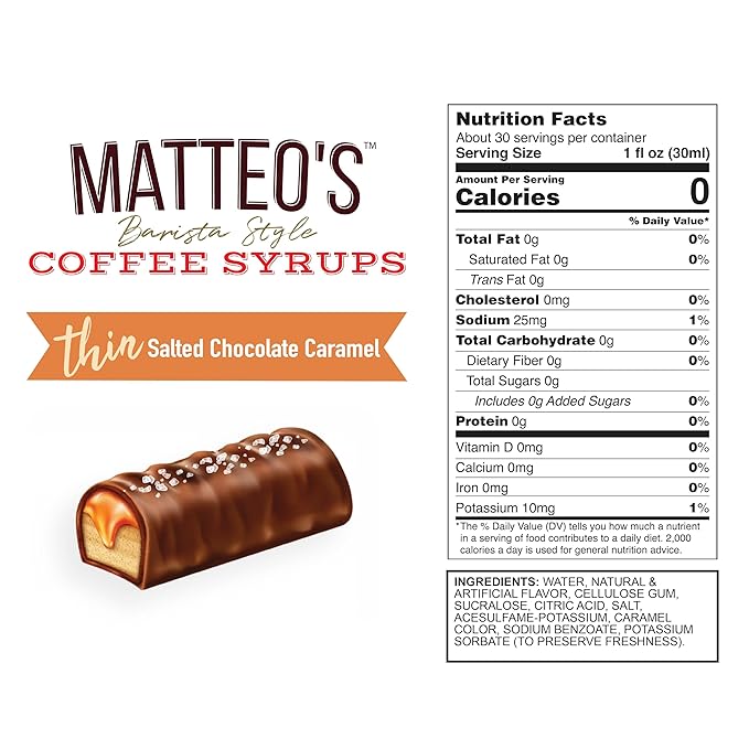Matteo's Salted Chocolate Caramel Syrup for Coffee, Lattes, Cappuccinos & Desserts – Sugar-Free Sweetener for Beverages, Keto Friendly, Zero Calories, Indulgent Flavor, Non-Alcoholic, 33.8oz (6pk)