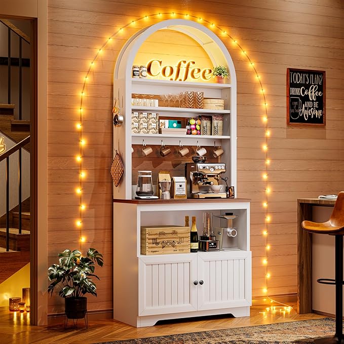 79" Tall Arched Bakers Rack with Power Outlets, Coffee Bar Cabinet with Storage, Kitchen Microwave Stand with Pegboard & 10 Hooks, Adjustable Shelves for Dining Room, Living Room, White