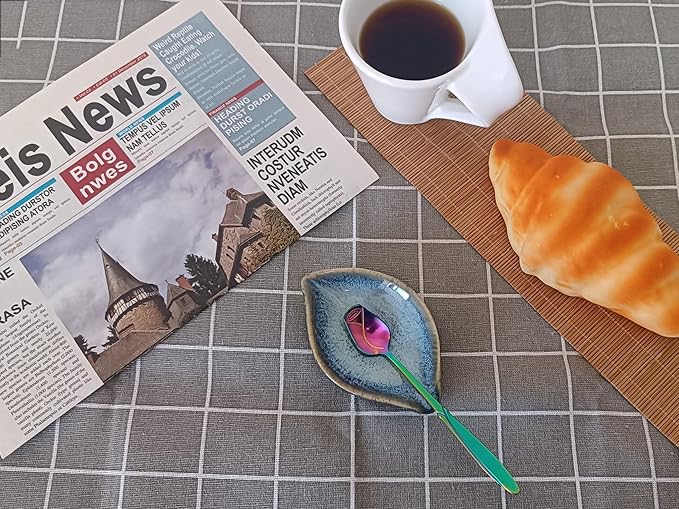 Coffee Spoon and Rest for Coffee Bar Accessories, Leaf Small Spoon Rest for Coffee Station, Tea Spoon Rest Tea Spoon Holder Teaspoon Rest, 1 PC (Retro Sea Blue with Rainbow Rose Spoon)