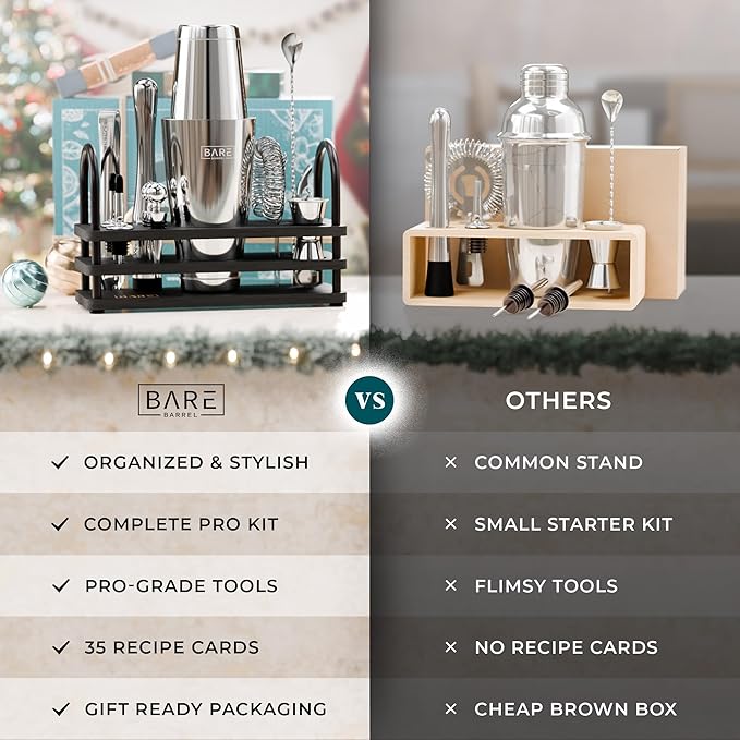 BARE BARREL® Mixology Bartender Kit Bar Set | 14-Piece Cocktail Shaker Set | Martini Barware Mixing Tools for Home Bartending | 35 Recipe Cards | Gift Set (28oz Boston Shaker, Silver/Black)