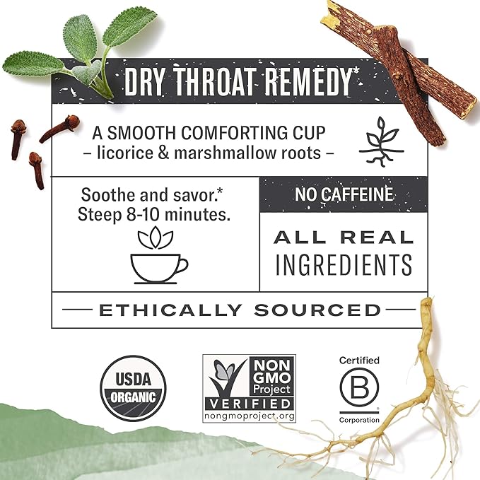 Numi Organic Throat Soother Herbal Tea, 48 Tea Bags, Caffeine‑Free Blend with Sage, Licorice Root, Marshmallow Root, Cinnamon & Clove for Soothing Throat Comfort