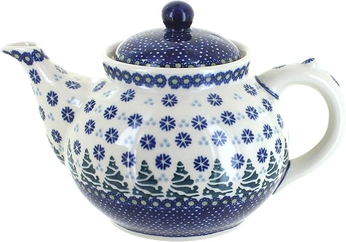 Blue Rose Polish Pottery - Blue Festive Fir Teapot - 5 Cup Capacity - Ceramic Holiday Teapot, Festive Christmas Tree Design for Serving Tea, Coffee or Hot Cocoa