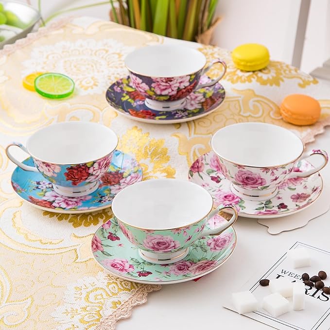BTaT- Floral Tea Cups and Saucers with Gift Box, 8 oz, Tea Cups Set of 4, Christmas Gifts
