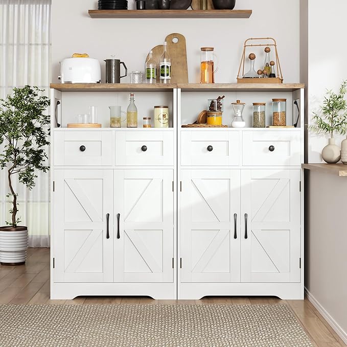 Farmhouse White Storage Cabinet with Doors and Drawers, Freestanding Kitchen Pantry Cabinet, Floor Storage Cabinet Hutch Cupboard for Kitchen/Laundry/Living Room/Bedroom