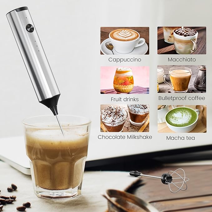 Handheld Milk Frother Wand Rechargeable with Stand - Stainless Steel Double Whisk Milk Frother Handheld -Coffee Stirrers Electric Drink Mixer - Coffee Frother