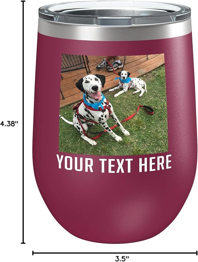 Personalized 12oz (17 Colors) Mother's Day Photo Printed Insulated Stainless Steel Powder Coated Stemless Wine Tumbler with Lid, Customized Gift Idea for Her, Custom Coach Gifts Team Mom Dad (Maroon)