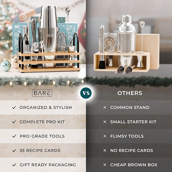 BARE BARREL® Mixology Bartender Kit Bar Set | 14-Piece Cocktail Shaker Set | Martini Barware Mixing Tools for Home Bartending | 35 Recipe Cards | Gift Set (28oz Boston Shaker, Silver/Natural)