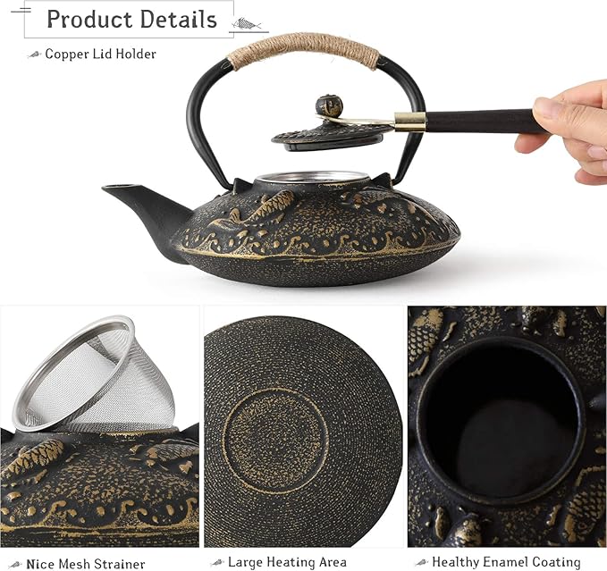 Ufine Koi Fish Cast Iron Teapot Set Stove Top Tea Kettle with 4 Cups Japanese Style Tetsubin Tea Gift Set, 26 oz with Stainless Steel Infuser
