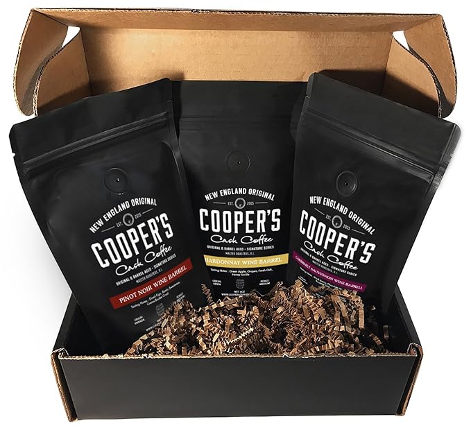 Wine Barrel Aged Coffee Gift Box Set, Sampler Roasted Coffee Costa Rica, Kenya, & Rwanda Beans Aged In Cabernet Sauvignon, Chardonnay, & Pinot Noir Wine Barrels, Medium Roast Whole Bean, 4 oz Bags, 12 oz Total