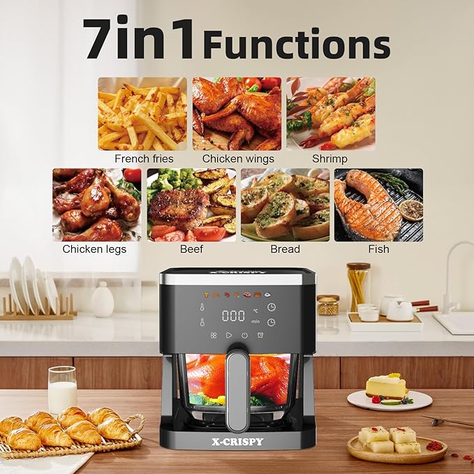 APSARAS USA Glass Air Fryer Non Toxic,5.2QT Convection Oven Air Fryer Glass, Healthy Kitchen Bake,Grill,Steam Broil, & Roast -Includes Bowl,Broil Rack,Toasting Rack & More 97% Less Oil (Black)