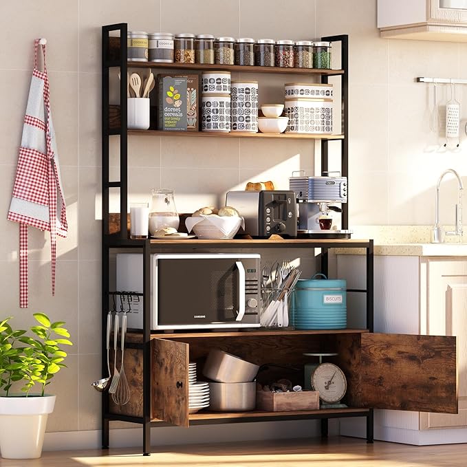 5-Tier Kitchen Bakers Rack with Storage,Industrial Microwave Oven Stand, Utility Storage Shelf,Free Standing Kitchen Utility Cart Storage Shelf Organizer with Hooks