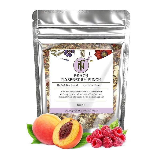 Nelson's Tea - Peach Raspberry Punch - Caffeine Free, Rooibos Loose Leaf Tea - Green rooibos, honey bush, hibiscus flower, orange peel, pomegranate, peaches, and raspberries (Sample 0.4 Oz)