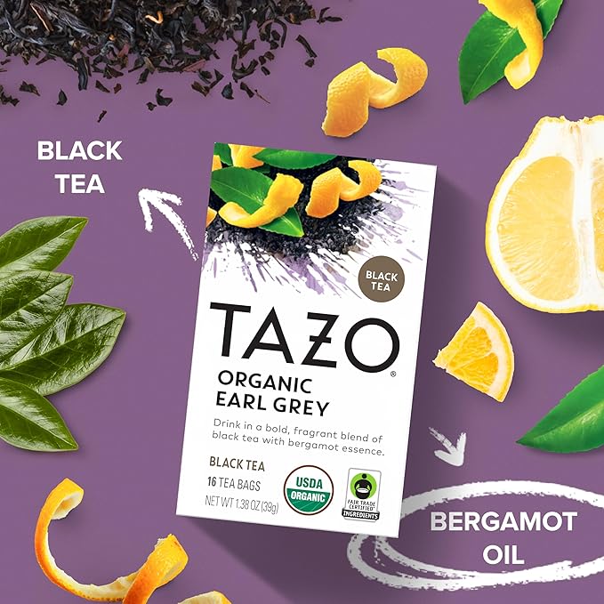 TAZO Organic Earl Grey for Health and Wellness, High Caffeine and Bold Flavor, 16 Count (Pack of 6)