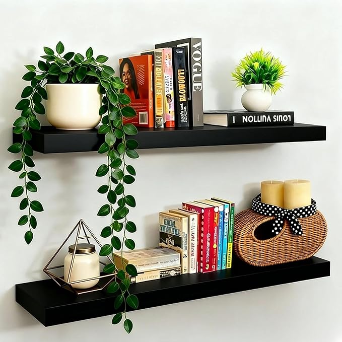 IAE Floating Wall Shelves 24 inch,Bathroom Shelf Wall Mounted,Invisible Shelves Floating Kitchen Shelving,Wooden Wall Shelf with Brackets for Living Room Wall Mounted,Easy Install,Set of 2,Black