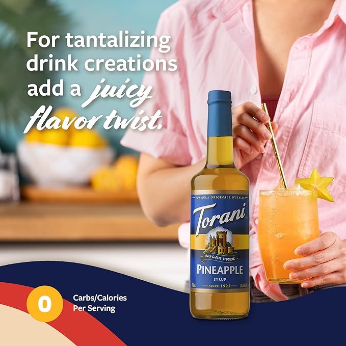 Torani Sugar Free Syrup, Pineapple Flavored Syrup for Drinks, Zero Calorie, Glass Bottle with Pump Included, 25.4 Fl Oz