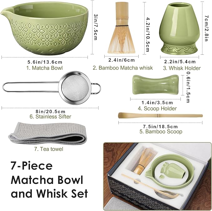 Matcha Whisk Set Matcha Kit - 7 Pcs Japanese Tea Set Includes Matcha Bowl with Spout,Bamboo Whisk with Ceramic Holder,Bamboo Scoop and Rest,Sifter,Tea Towel, for Ceremony Matcha Lovers Gift,Green