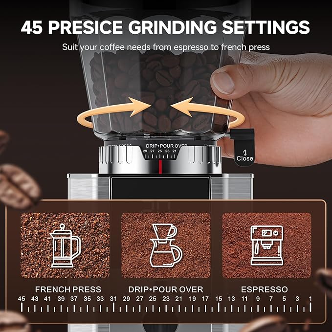 Burr Coffee Bean Grinder for Home Use with 45 Precise Grinding Settings, Espresso Grinder with Height Adjustable Funnel Stand, LED Touch Panel, Anti-static Design, Memory Mode User Friendly