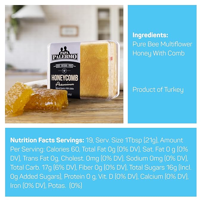 Papa Palermo Honeycomb 100% Edible, All-Natural, Gourmet Raw Honeycomb, No Additives, No Preservatives - 14 oz