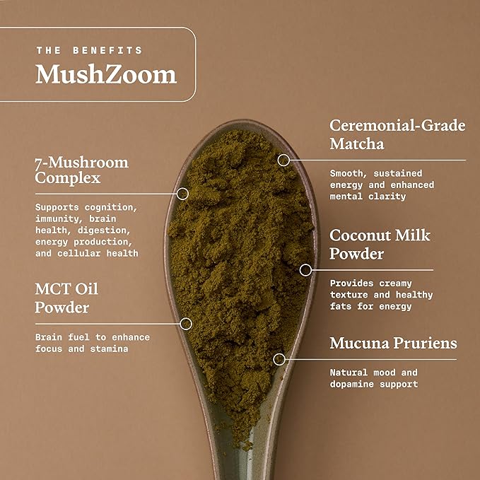 Ultra Life Sport - Mush Zoom - Energizing Coconut Matcha Focus & Vitality Blend - 30 Servings, Organic Mushroom Powder Drink - 7 Mushrooms Supplement Complex - Coconut Matcha Flavor, 100% Vegan