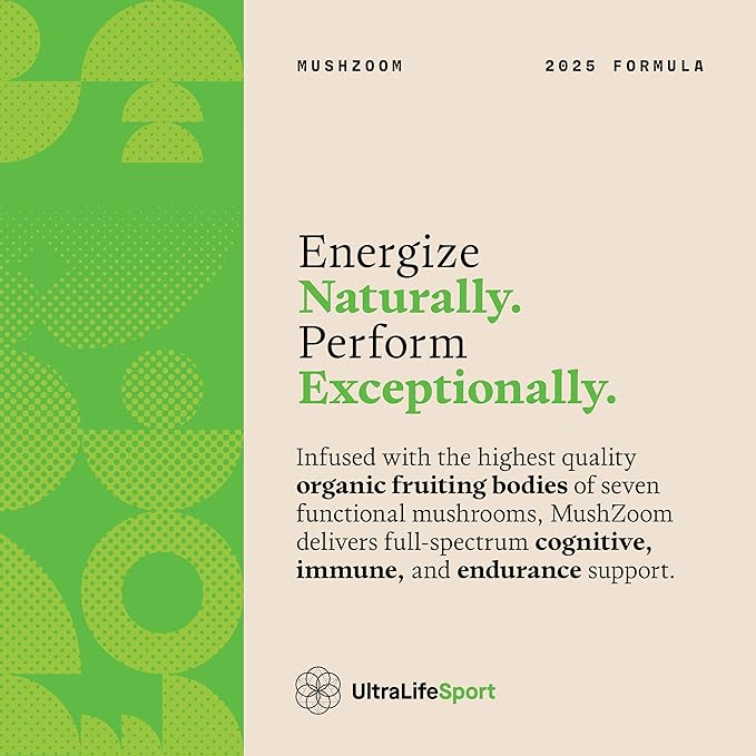 Ultra Life Sport - Mush Zoom - Energizing Coconut Matcha Focus & Vitality Blend - 30 Servings, Organic Mushroom Powder Drink - 7 Mushrooms Supplement Complex - Coconut Matcha Flavor, 100% Vegan