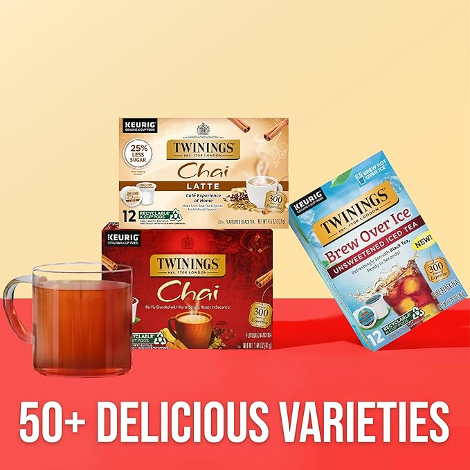 Twinings Chai Black Tea 72 K-Cup Pods for Keurig, 12 Count (Pack of 6), Naturally Sweet, Savoury Spice Flavour, Caffeinated, Enjoy Hot or Iced