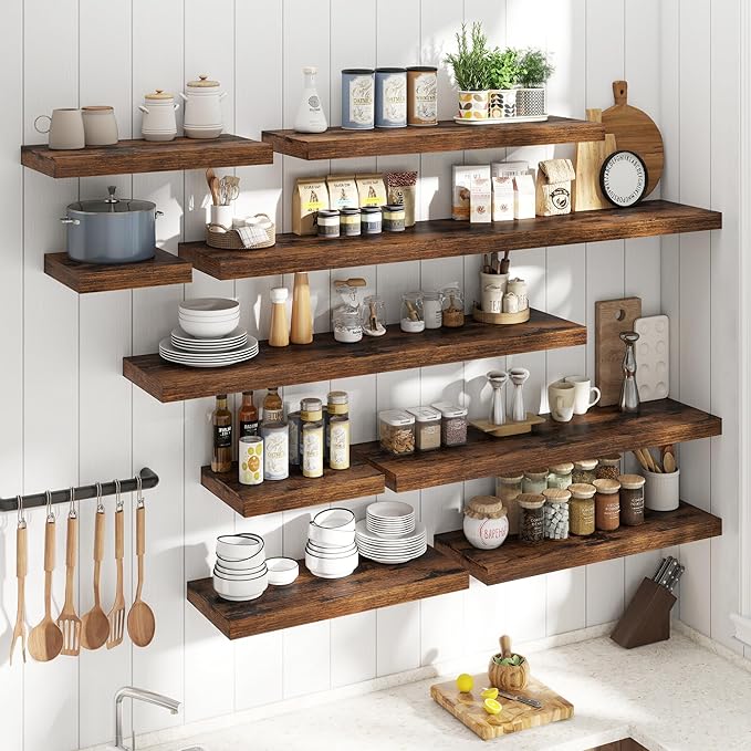 16 Inch Floating Shelves for Wall 2 Pack, 12"D Wood Grain Bathroom Shelves with Invisible Brackets, Easy Install Engineered Wood Storage Shelves for Kitchen, Living Room, Bedroom, Rustic Brown Finish
