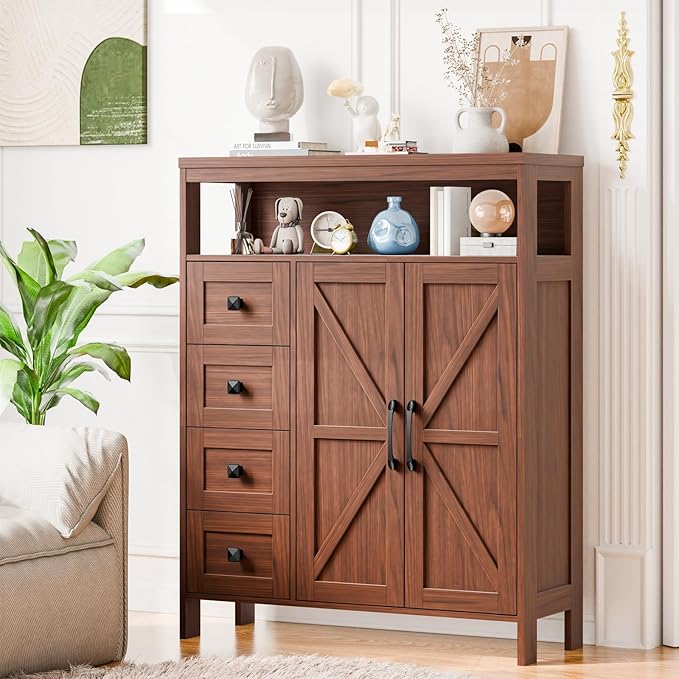 Vabches Farmhouse Storage Cabinet with 2 Doors and 4 Drawers, Freestanding Bathroom Compartment Kitchen Pantry Cabinet, Floor Cupboard for Kitchen/Living Room/Bathroom,Walnut