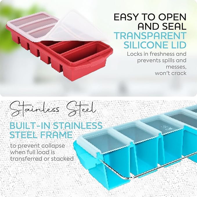 1/2 Cup Silicone Freezer Tray With Lid - Silicone Freezer Molds 2-Pack For meal prep & freezing of various sauces and other dishes, makes 12 perfect 1/2 cup portions cubes,oven and dishwasher safe