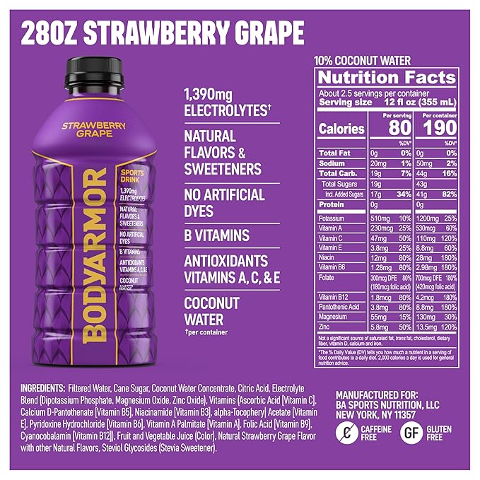BODYARMOR Sports Drink, Strawberry Grape, Electrolyte Drink Hydration, 28 Fl Oz Bottles (15 Pack), Flavored Coconut Water with B Vitamins & Antioxidants