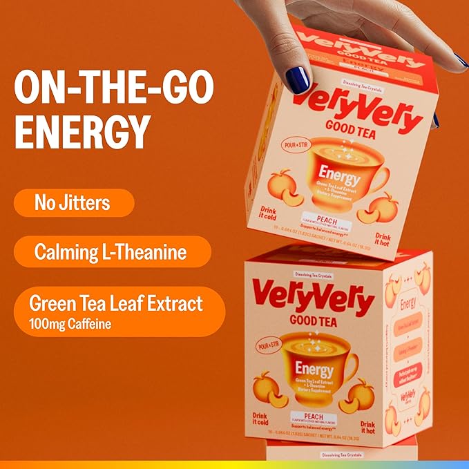 VeryVery Good Tea, Peach Energy With Green Tea Caffeine and L Theanine, Dissolving Crystals for Hot or Cold Drinks, Sugar Free Functional Powder Drink Mix, Vegan, Gluten Free, Non GMO, 10 Servings