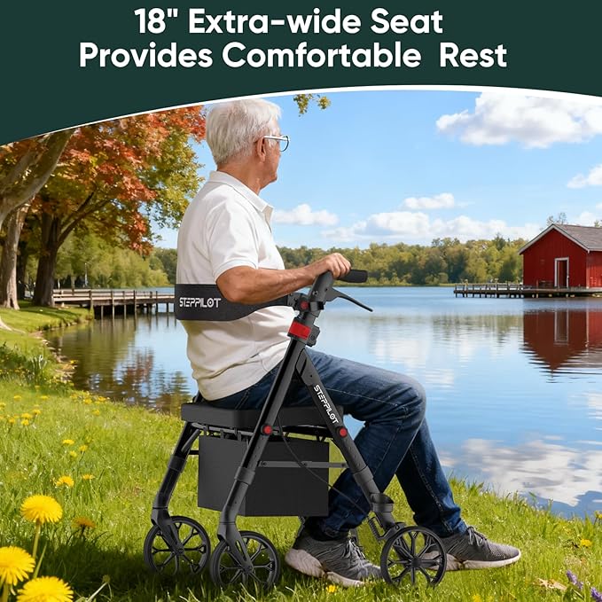 Foldable Aluminum Rollator Walkers with Cushion Seat for Senior, 16lbs Lightweight & 500 lbs Max Load, Adjustable 5-Level Seat Height & 6-Level Handles Height,8" Big Wheels,Dual Braking, Storage Bag