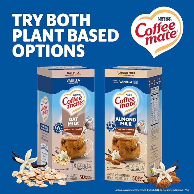 Nestle Coffee mate Coffee Creamer, Almond Milk, Liquid Creamer Singles, Plant-Based, Non Dairy, No Refrigeration, 0.375 fl oz Tubs (Pack of 200)