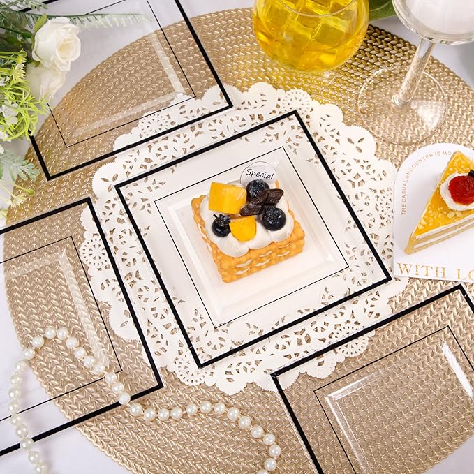 bUCLA 100PCS Black Square Plastic Plates Disposable - 6 inch Clear and Black Dessert/Cake Plates - Premium Hard Square Small Appetizer for Party, Halloween & New Year