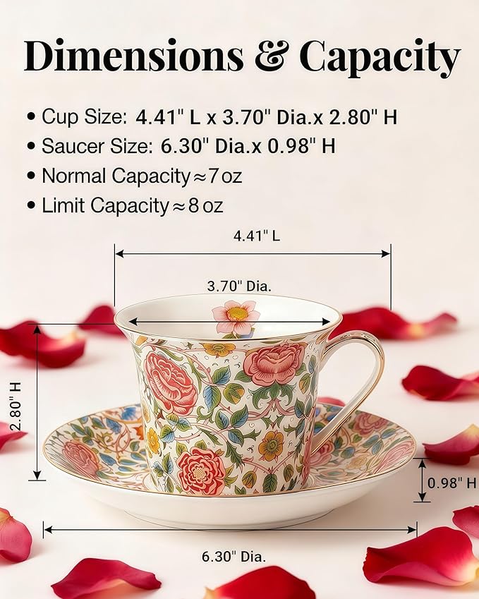 Exquisite Bone China Tea Cups and Saucer Set – Elegant Porcelain Tea Cups, Beautifully Detailed for Tea Lovers, Gift-Ready for Christmas, Hostess, Holiday Gift & Fall Decor