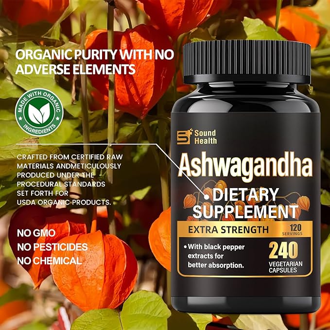 SoundHealth Organic Ashwagandha Capsules Supplements - 7000mg Herb Powder Equivalent Per, Ashwagandha Powder for Women & Man - Vegan, Plant Based, Gluten-Free, Non-GMO - 240 Capsules (120 Servings)