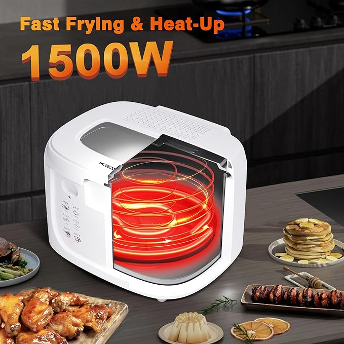 1500W Electric Deep Fryer with Adjustable Temperature Control, 2.5L Non-Stick Basket & Viewing Window, Folding Handle and Locking Cover for Easy Storage, White