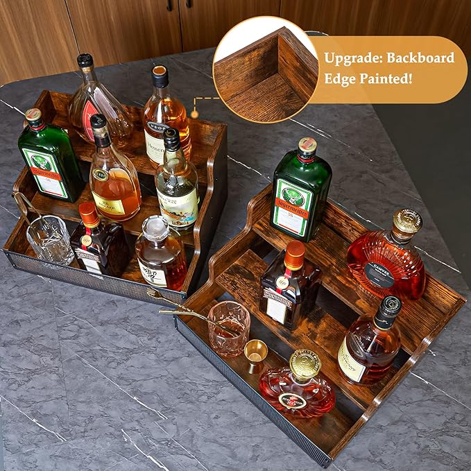 2 Pack 3 Step Countertop Liquor Bottle Display Shelf, Wood Bar Shelves 12 Bottles with Fences, Freestanding Storage Shelves for Liquor Whiskey Wine Coffee Syrup Display, Retro Wine Rack Home