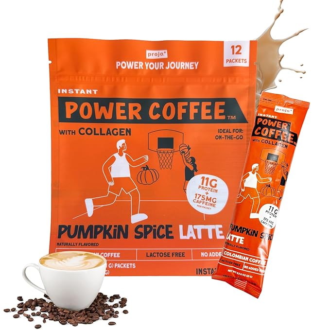Projo* Power Coffee – Instant Coffee with 12g Hydrolyzed Bovine Collagen & 175mg Caffeine – High Protein Energy Boost Coffee for Men & Women – Pumpkin Spice Flavor – 12 Single-Serve Packets