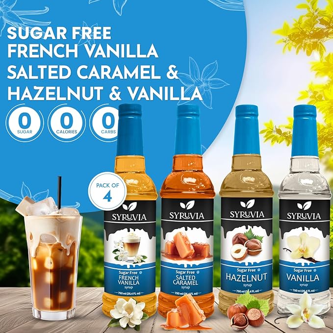 Syruvia Sugar Free Coffee Syrup Variety Pack: French Vanilla, Salted Caramel, Hazelnut, and Vanilla - Gluten-Free, Kosher, 25.4 fl oz Bottles - Enhance Your Coffee Experience,