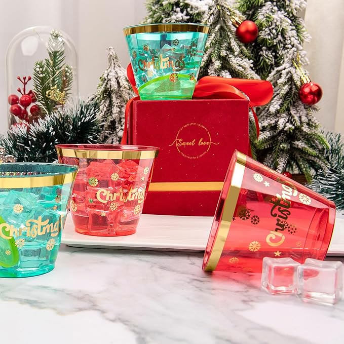 WELLIFE 60Pcs 9oz Christmas Plastic Cups, Disposable christmas Cups, Christmas plastic Tumblers, Includes 30Pcs Green cup and 30Pcs Red cups