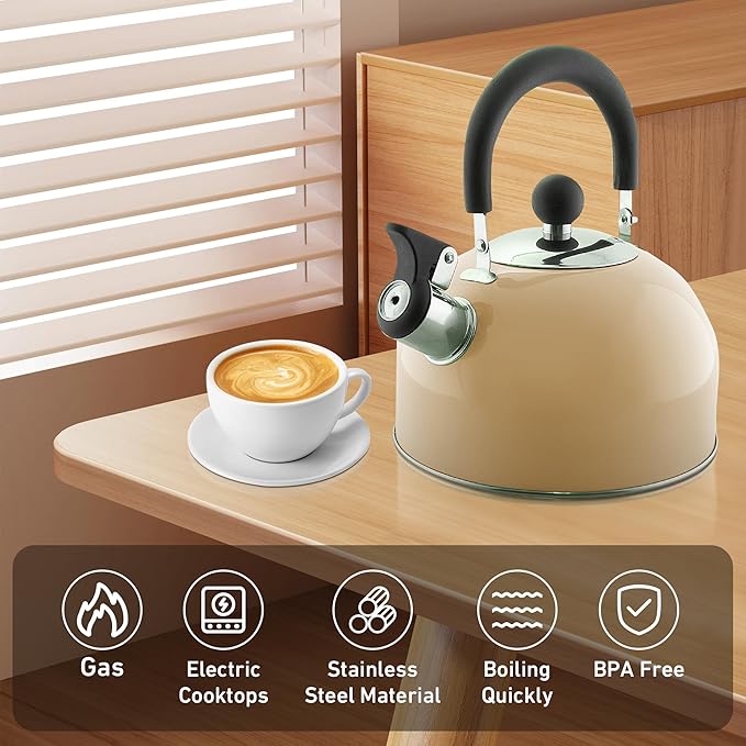 Lily's Home 2 Quart Stainless Steel Whistling Tea Kettle, the Perfect Stovetop Tea and Water Boilers for Your Home, Dorm, Condo or Apartment. (Pastel Yellow)