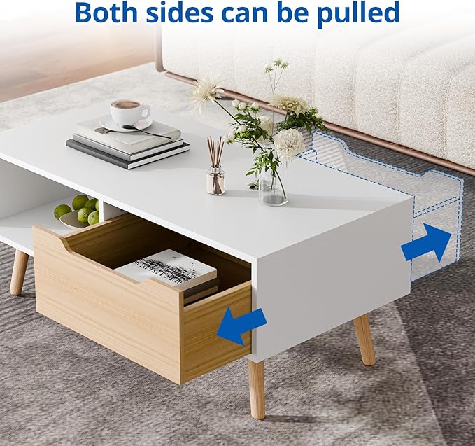 Cozy Castle Modern Coffee Table, Wooden Cocktail Table with Storage, Minimalist Hallway Table, Mid Century Modern Coffee Table for Living Room Apartment Reception, White
