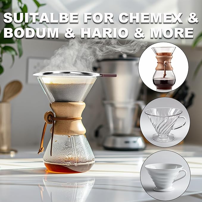 Stainless Steel Pour Over Coffee Filter for Chemex & Hario V60 - Reusable Coffee Filter Cone Dripper, Dual Mesh Fine Stainless Steel Coffee Filter Compatible with Chemex Coffee Maker & Other Brewers