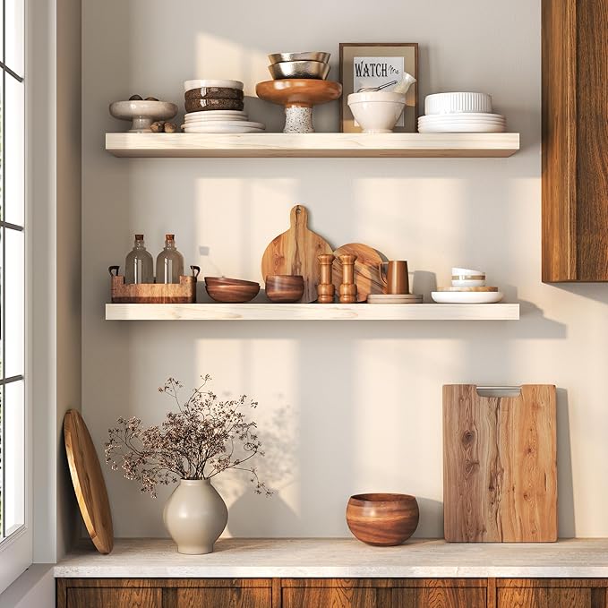 Fun Memories 36 Inch Floating Shelves for Wall, Deep Rustic Solid Wood Floating Shelves for Storage - Farmhouse Wall Mounted with Heavy-Duty Metal Bracket, 36" W x 8" D, Set of 2,Unfinished for DIY