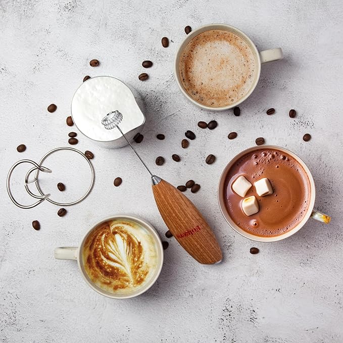 Folgers Electric Coffee Milk Frother – Handheld Battery-Operated Drink Mixer with Stainless Steel Whisk & Stand, Wood-Grain Finish, Perfect for Lattes, Cappuccinos & Hot Chocolate